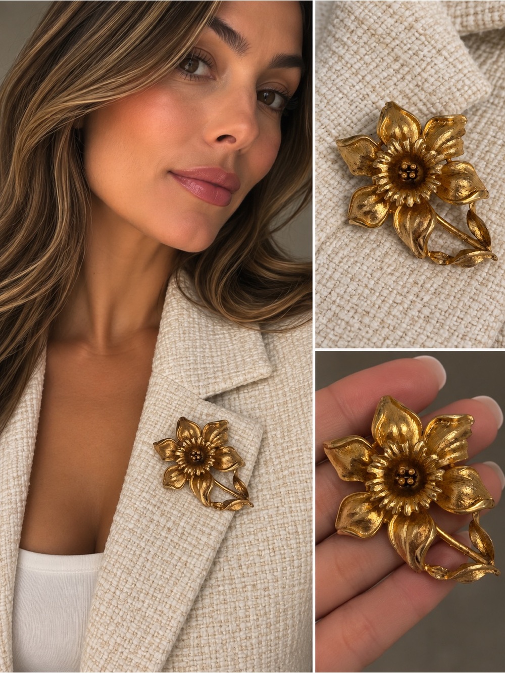 Gold Floral Brooch Pin - Women Jewelry